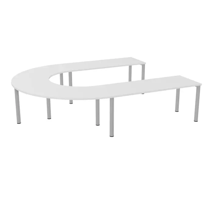 Table U Modulo 12 personnes L. 315 cm x P. 270 cm mélamine blanc neige épaisseur 30mm 2 plateaux droits L. 180 cm + 2 plateaux angle 90° L. 135 cm prépercés 6 obturateurs 10 pieds Ø70 métal lisse gris aluminium