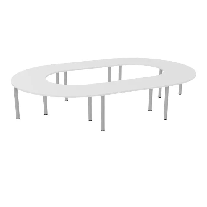 Table U fermée Modulo 16 personnes L. 410 cm x P. 270 cm épaisseur 30mm 2 plateaux droits L. 140 cm + 4 plateaux angle 90° L. 135 cm prépercés 8 obturateurs 12 pieds Ø70 métal lisse gris aluminium