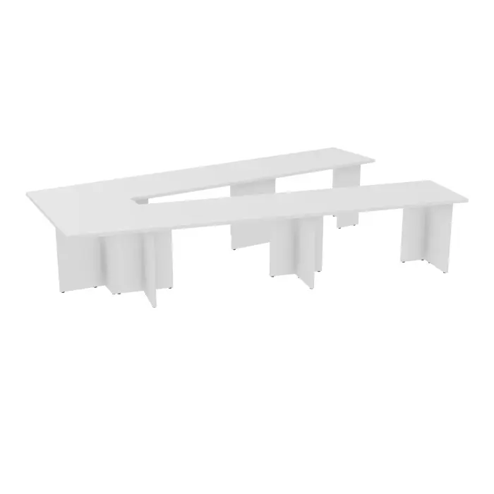 Table V fermée Modulo 10 personnes L. 356 cm x P. 234 cm épaisseur 30mm 4 plateaux droits L. 140 cm + 1 plateau trapèze extérieur prépercés 9 obutrateurs 7 pieds panneaux mélamine blanc neige