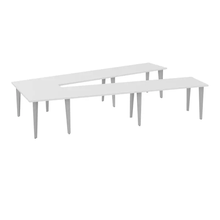Table V fermée Modulo 10 personnes L. 356 cm x P. 234 cm épaisseur 30mm 4 plateaux droits L. 140 cm + 1 plateau trapèze extérieur prépercés 9 obutrateurs 12 pieds métal lisse gris aluminium