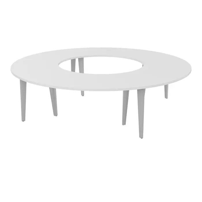 Table ronde Modulo 12 personnes Ø270 cm mélamine blanc neige épaisseur 30mm 4 plateaux angle 90° L. 135 cm prépercés 4 obturateurs 8 pieds métal lisse gris aluminium