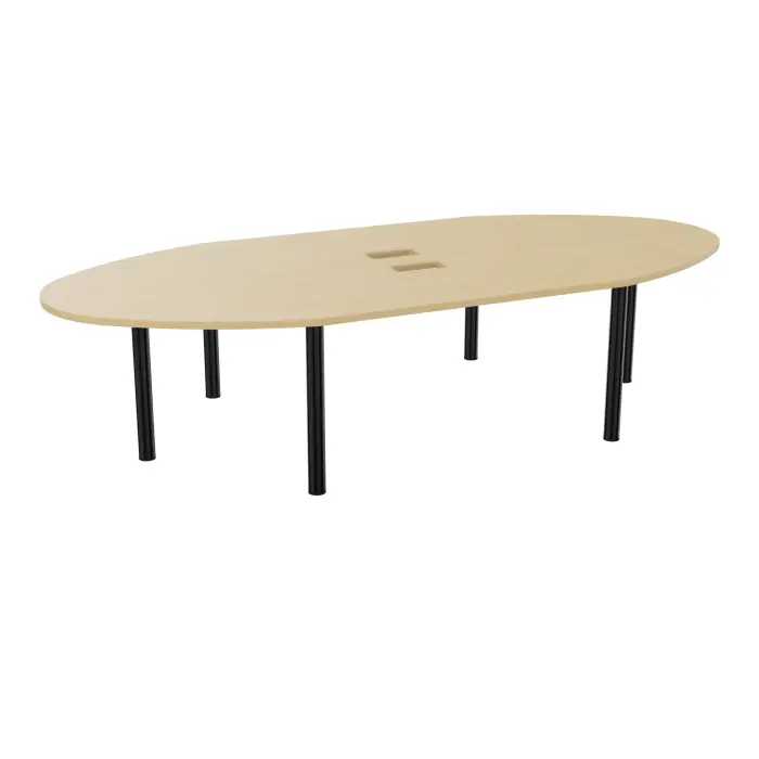 Table ovale Modulo 10 personnes L. 320 cm x P. 140 cm mélamine Chêne naturel epaisseur 30mm 2 plateaux droits L. 140 cm + 2 plateaux ellipses découpés pour 4 trappes + goulottes 6 pieds Ø70 métal lisse noir