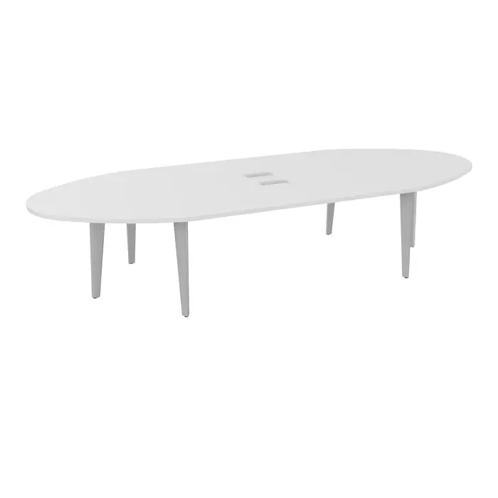 Table ovale Modulo 12 personnes L. 360 cm x P. 140 cm mélamine blanc neige epaisseur 30mm 2 plateaux droits L. 180 cm + 2 plateaux ellipses découpés pour 4 trappes + goulottes 6 pieds métal lisse gris aluminium