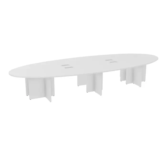 Table elliptique Modulo 14 personnes L. 460 cm x P. 170 cm mélamine blanc neige épaisseur 30mm 4 plateaux courbés symétriques (2 gauches/2 droites) L. 140 cm + 2 plateaux éllipses découpés pour 4 trappes + prép