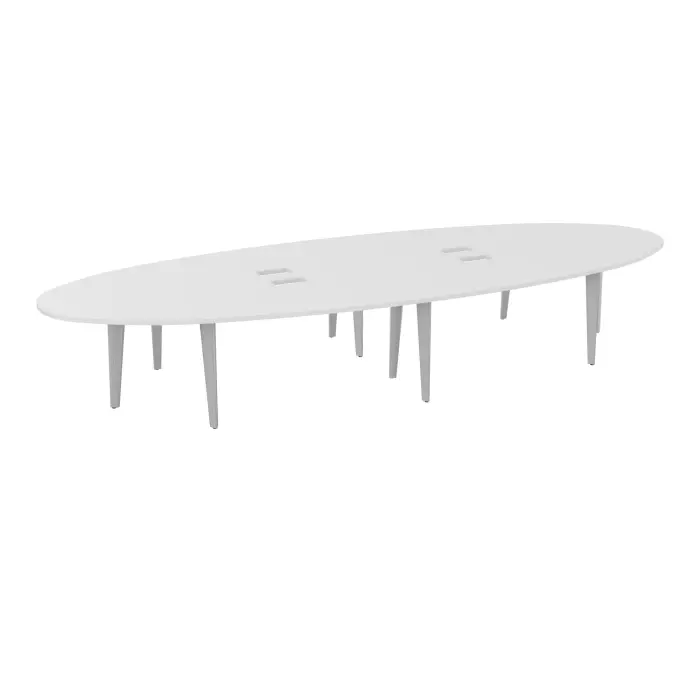 Table elliptique Modulo 14 personnes L. 460 cm x P. 170 cm mélamine blanc neige épaisseur 30mm 4 plateaux courbés symétriques L. 140 cm (2 gauches/2 droites) + 2 plateaux éllipses découpés pour 6 trappes + goul