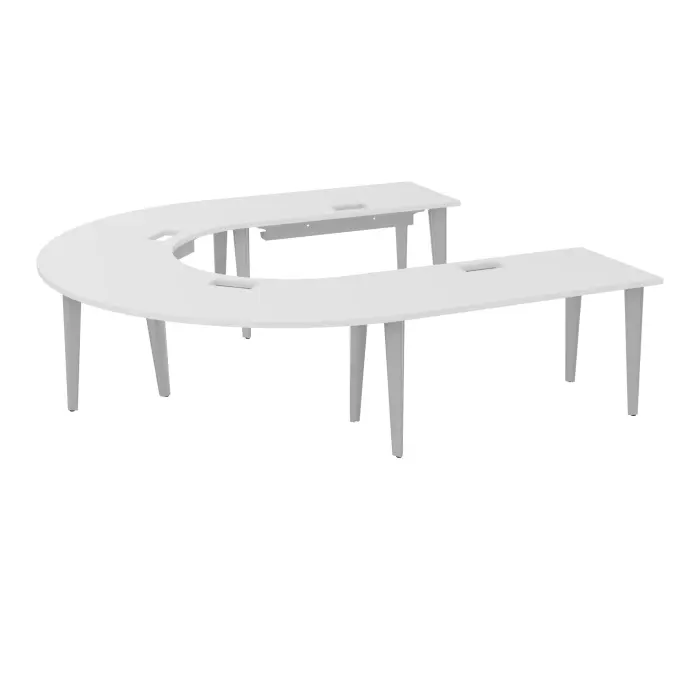 Table U Modulo 10 personnes L. 275 cm x P. 270 cm mélamine blanc neige épaisseur 30mm 2 plateaux droits L. 140 cm + 2 plateaux angle 90° L. 135 cm découpé pour 4 trappes + goulottes + guide câbles + 10 pieds mé