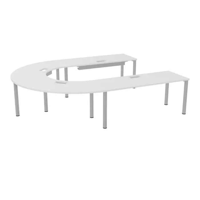 Table U Modulo 12 personnes L. 315 cm x P. 270 cm mélamine blanc neige épaisseur 30mm 2 plateaux droits L. 180 cm + 2 plateaux angle 90° L. 135 cm découpé pour 4 trappes + goulottes + guide câbles 10 pieds Ø70