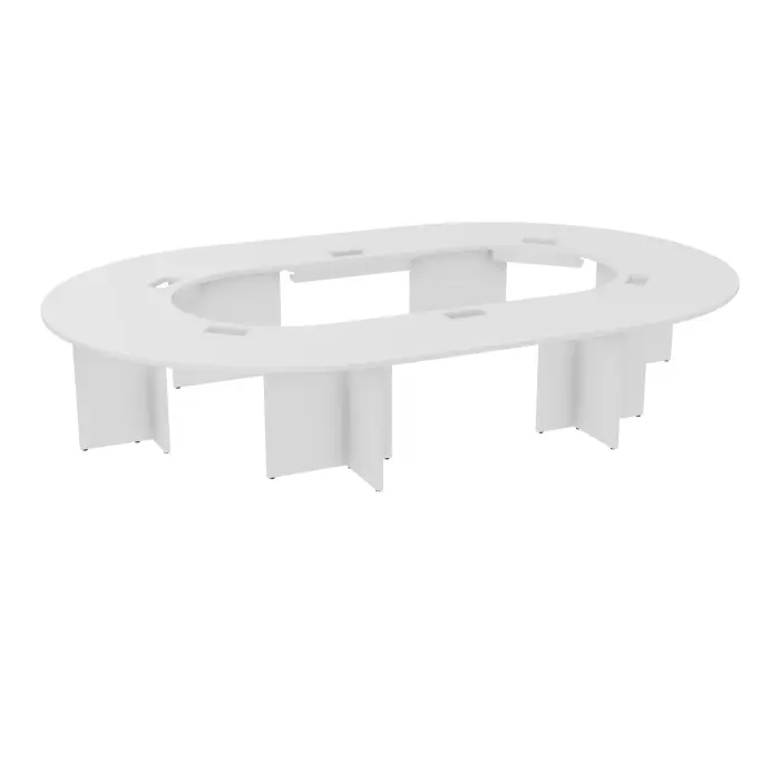 Table U fermée Modulo 16 personnes L. 410 cm x P. 270 cm épaisseur 30mm 2 plateaux droits L. 140 cm + 4 plateaux angle 90° L. 135 cm découpé pour 6 trappes + goulotte + guide câbles 6 pieds panneaux mélamine bl