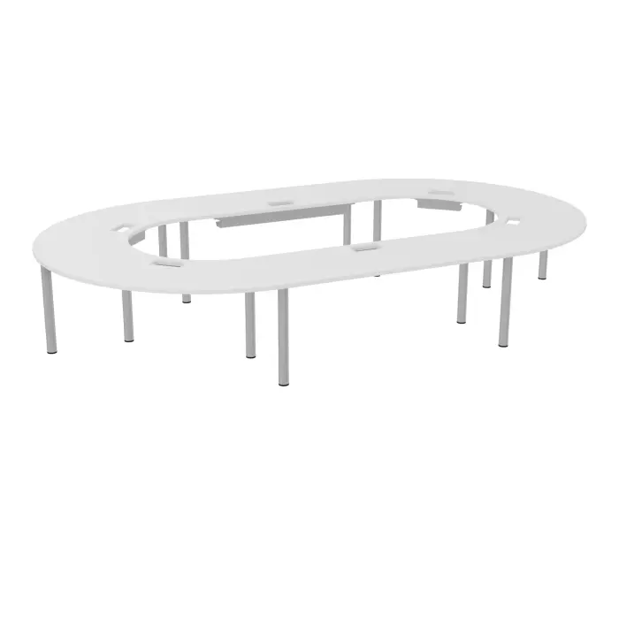 Table U fermée Modulo 18 personnes L. 450 cm x P. 270 cm épaisseur 30mm 2 plateaux droits L. 180 cm + 4 plateaux angle 90° L. 135 cm découpé pour 6 trappes + goulotte + guide câbles 12 pieds Ø70 métal lisse gri