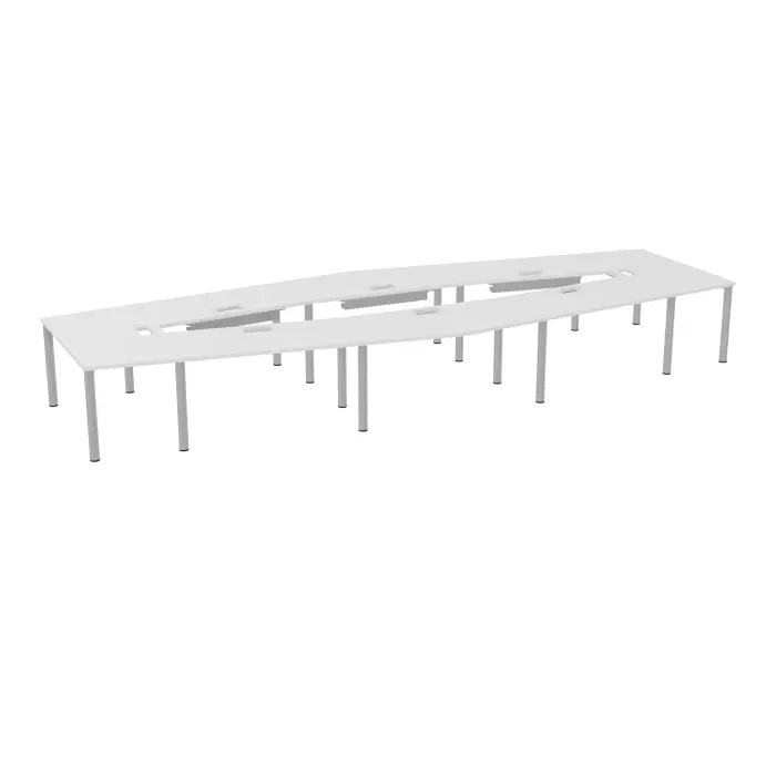Table losange Modulo 16 personnes L. 577 cm x P. 217/142,5 cm mélamine blanc neige épaisseur 30mm 4 plateaux droits L. 140 cm + 2 plateaux trapèze intérieur + 2 plateaux exterieur découpe pour 8 trappes + goulo