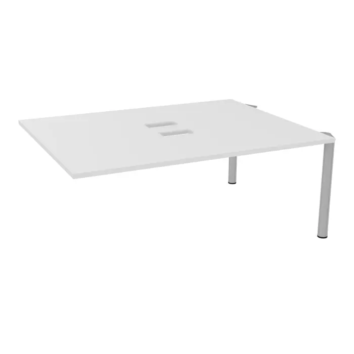 Kit extension Modulo pour tables ovales 6 personnes L. 180 cm x P. 140 cm mélamine blanc neige découpé pour 2 trappes + goulotte double 4 pieds Ø70 métal lisse gris aluminium