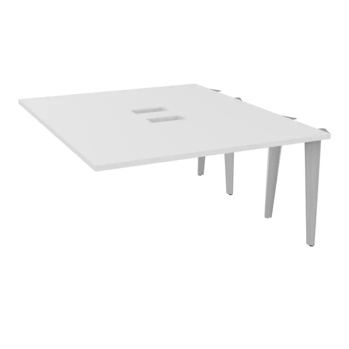 Kit extension Modulo pour tables élliptiques 4 personnes L. 140 cm x P. 170 cm mélamine blanc neige découpé pour 2 trappes + goulotte double 4 pieds métal lisse gris aluminium