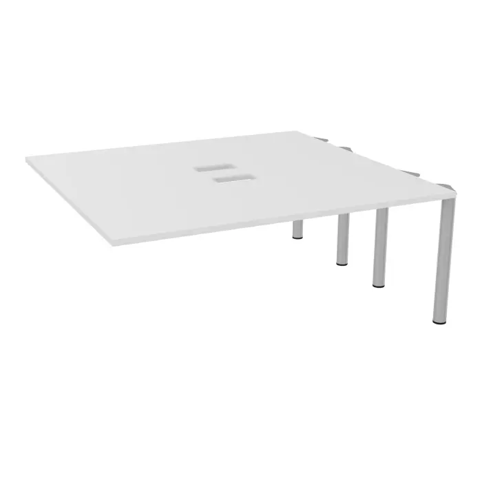 Kit extension Modulo pour tables élliptiques 6 personnes L. 180 cm x P. 170 cm mélamine blanc neige découpé pour 2 trappes + goulotte double 4 pieds Ø70 métal lisse gris aluminium