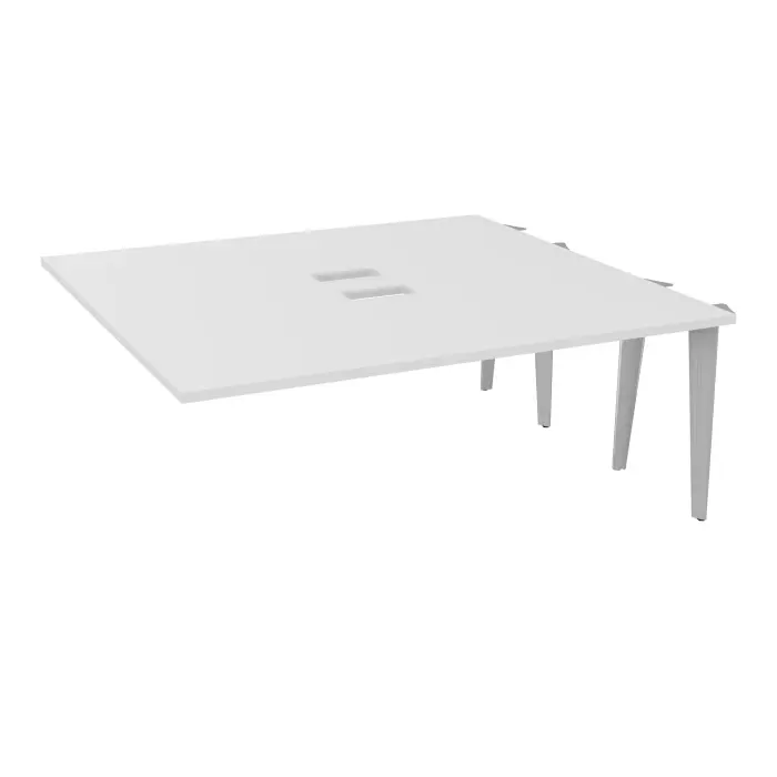 Kit extension Modulo pour tables élliptiques 6 personnes L. 180 cm x P. 170 cm mélamine blanc neige découpé pour 2 trappes + goulotte double 4 pieds métal lisse gris aluminium