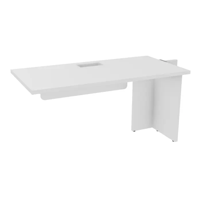 Extension Modulo 2 personnes L. 140 x P. 70 cm mélamine blanc neige épaisseur 30mm pour tables U,V losanges et rondes découpé 1 trappe + goulotte simple L. 110 cm + 1 guide câble 1 pied panneau mélamine blanc n