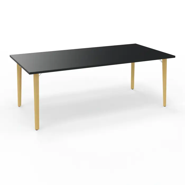 Robin table réunion L. 200 cm x P. 100 cm x H. 73,5 cm noir pré-percé 2 obturateurs au centre pieds métal lisse blanc/bois hêtre massif vernis