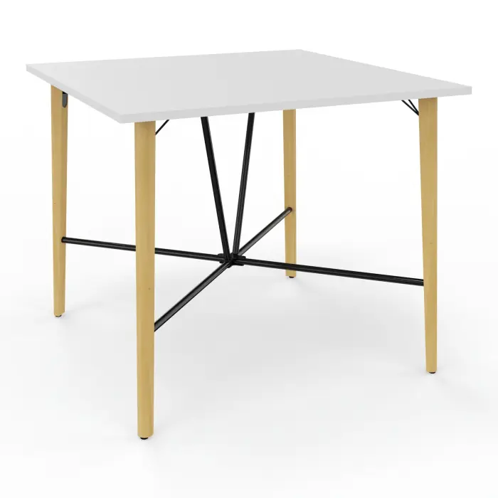 Robin table réunion L. 120 cm x P. 120 cm x H. 104,5 cm mélamine blanc neige pré-percé obturateur au centre pieds métal lisse noir/bois hêtre massif vernis