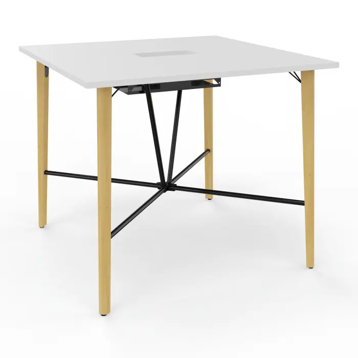 Robin table réunion L. 120 cm x P. 120 cm x H. 104,5 cm mélamine blanc neige percé trappe centrale double accès métal lisse noir/bois hêtre massif vernis + goulotte double