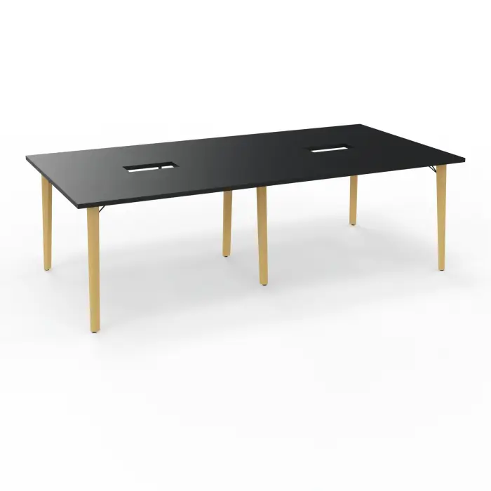 Robin table réunion 8personnes L. 240 cm x P. 120 cm x H. 73,5 noir pré-percé trappe double accès pieds métal lisse noir/bois hêtre massif vernis