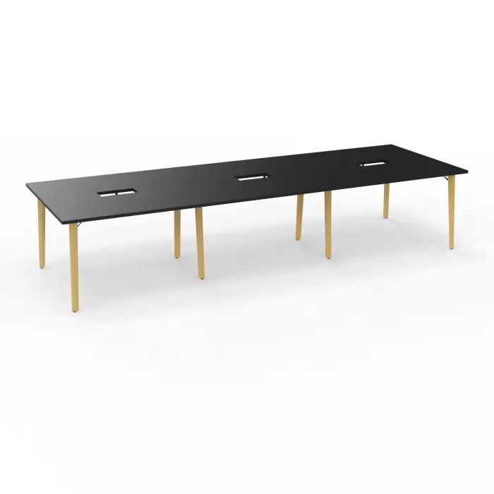 Robin table réunion 12personnes L. 360 cm x P. 120 cm x H. 73,5 noir pré-percé trappe double accès pieds métal lisse noir/bois hêtre massif vernis
