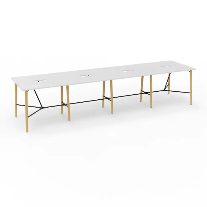 Robin table réunion 16personnes L. 480 cm x P. 120 cm x H. 104,5 mélamine blanc neige pré-percé trappe double accès pieds métal lisse noir/bois hêtre massif vernis