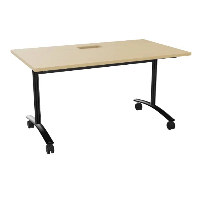 Table abattante rectangulaire L. 140 x P. 80 x H. 73,5 cm avec goulotte L. 50 cm - plateau ép. 25 mm avec découpe trappe mélamine Chêne naturel - piètements métalliques sur roulettes métal lisse noir