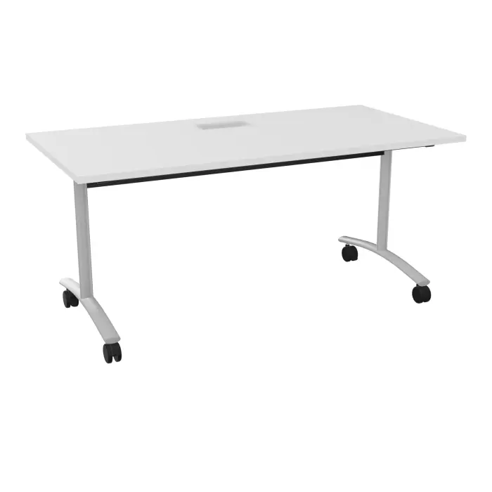 Table abattante rectangulaire L. 160 x P. 80 x H. 73,5 cm avec goulotte L. 50 cm - plateau ép. 25 mm avec découpe trappe mélamine blanc neige - piètements métalliques sur roulettes métal lisse gris aluminium