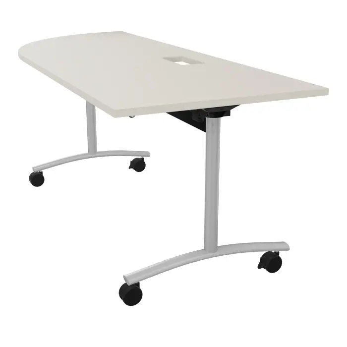 Table abattante L. 205 x P. 80 x H. 73,5 cm - plateau ép. 25 mm angle intégré à gauche avec découpe trappe mélamine lin - piètements métalliques sur roulettes métal lisse gris aluminium