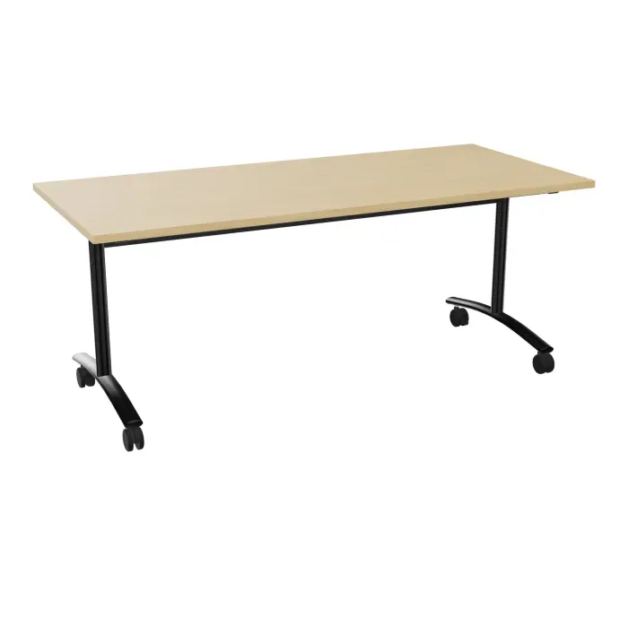 Table abattante modulable rectangulaire L. 180 x P. 80 x H. 73,5 cm - plateau mélamine ép. 25 mm mélamine Chêne naturel piètements sur roulettes métal lisse noir