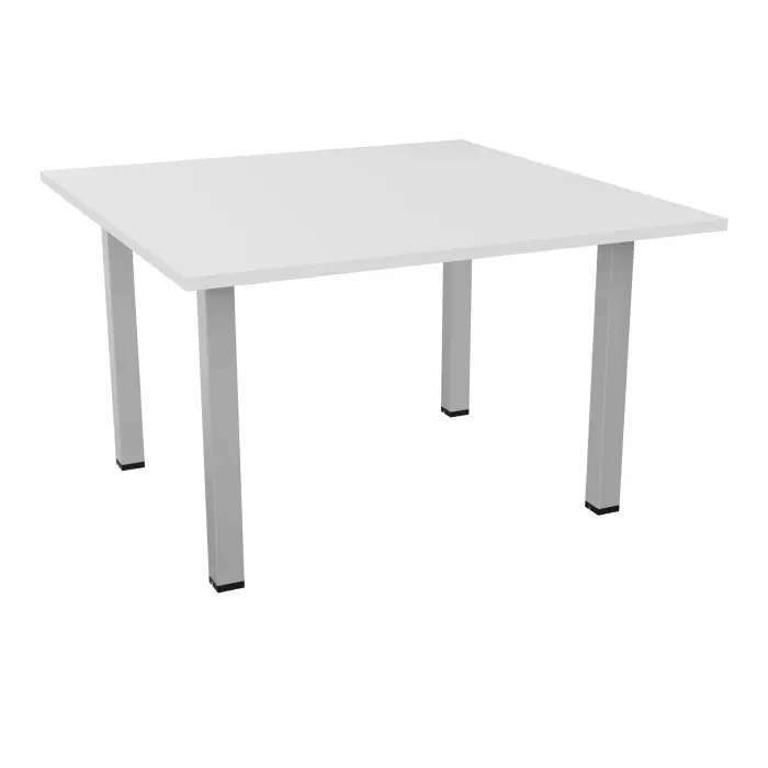 Table Eloise carrée L. 120 x P. 120 x H. 73,5 cm mélamine blanc neige ép25mm sur 4 pieds carrés métal lisse gris aluminium