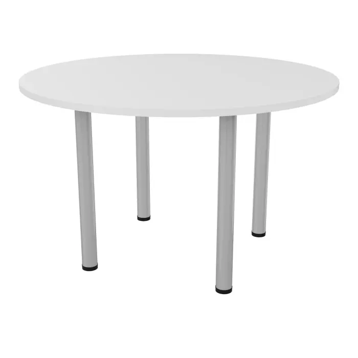 Table Eloise ronde D. 120 x H. 73,5 cm stratifié blanc ép25mm sur 4 pieds tube métal lisse gris aluminium