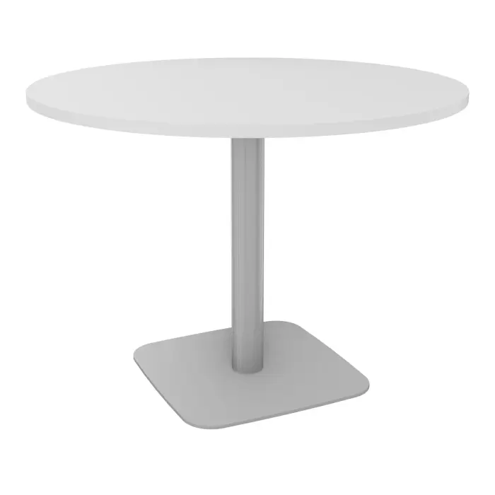 Table ronde Eloise D. 100 cm x H. 73,5 cm stratifié blanc épaisseur 23,6 mm pied central métal lisse gris aluminium