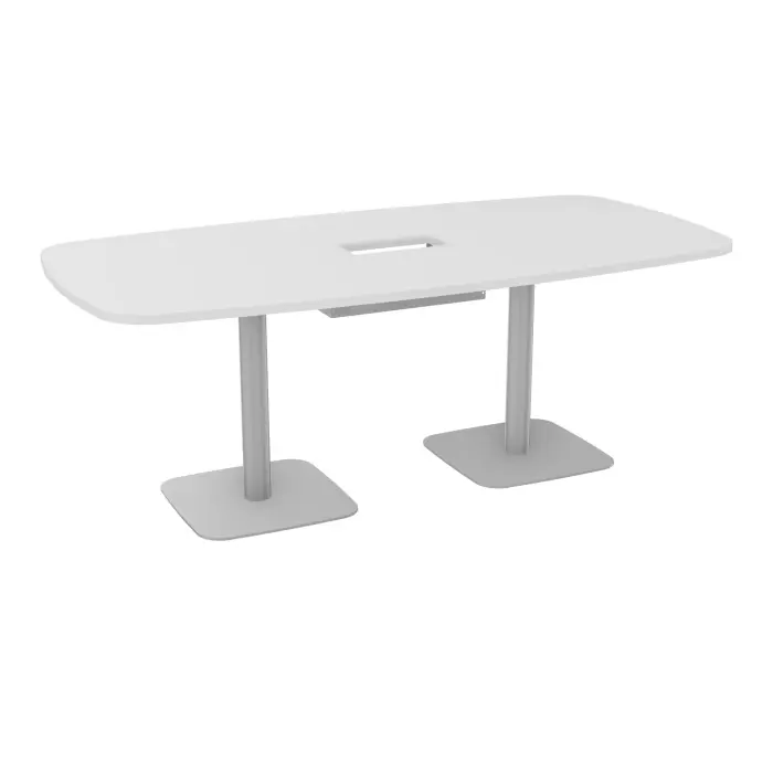 Table ovale Eloise P. 100 x L. 200 mélamine blanc neige épaisseur 25mm percé trappe double accès pieds centraux métal lisse gris aluminium