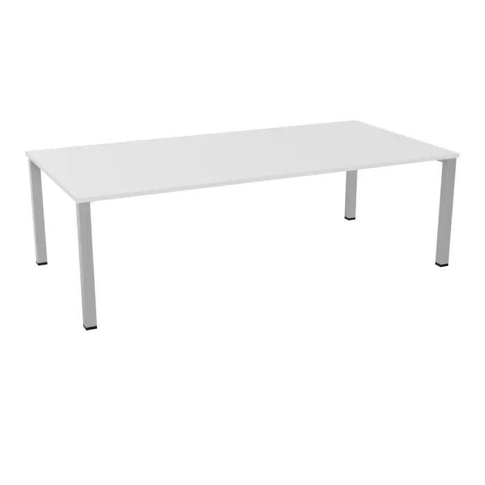 Table rectangulaire Eloise P. 120 x L. 240 cm mélamine blanc neige pré percée 4 obturateurs épaisseur 25mm 4 pieds carrés 60 x 60 métal lisse gris aluminium