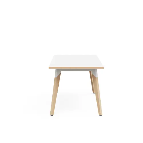 Table Evasion L. 160 x P. 80 x H. 73,5 cm - plateau stratifié blanc ép. 25 mm - 4 pieds en hêtre naturel vernis massif surmontés d'une structure métal structuré blanc