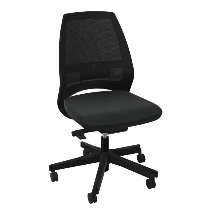 Siège Elliot autorégulé bas dossier résille noire avec coque noire - tissu Bondaï noir - Piétement nylon noir sur roulettes pour sol souple