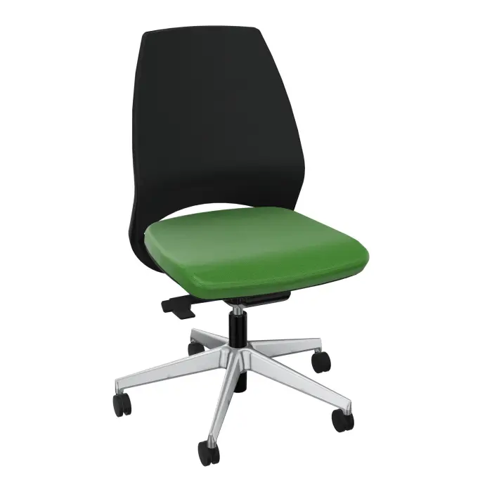 Siège Elliot autorégulé bas dossier matelassé avec coque noire - tissu Step bambou - Piétement métal chromé sur roulettes pour sol souple