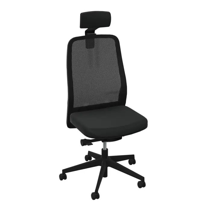 Siège Léon synchrone latéral et têtière - assise tissu Bondaï noir - dossier résille noire - cadre noir - piétement nylon noir sur roulettes pour sol dur 65 mm