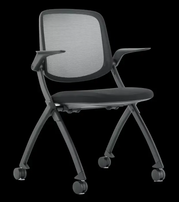 « Fonctionnel et confort « 
Dossier filet
Accoudoirs rabattables en nylon noir
Assise rabattable en tissu noir
Structure métal noir sur roulettes
En option : tablette écritoire réf. 3934
Livré non monté