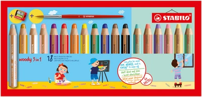 STABILO Crayon multi-talents woody 3 en 1, étui de 18 Pastel