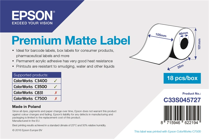 Epson C33S045727 Premium Matte Label - 105mm x 35m Blanc