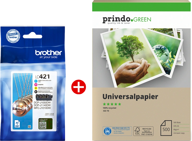 Brother LC421 MCVP Noir(e) / Cyan / Magenta / Jaune Value Pack (+ Prindo Green Recyclingpapier 500 Blatt)