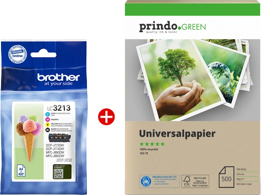 Brother LC3213 MCVP Noir(e) / Cyan / Magenta / Jaune Value Pack (+ Prindo Green Recyclingpapier 500 Blatt)