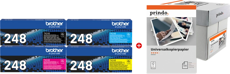 Brother TN-248 MCVP Noir(e) / Cyan / Magenta / Jaune / Blanc Value Pack (+ Prindo Universal Papier 2500 Blatt)