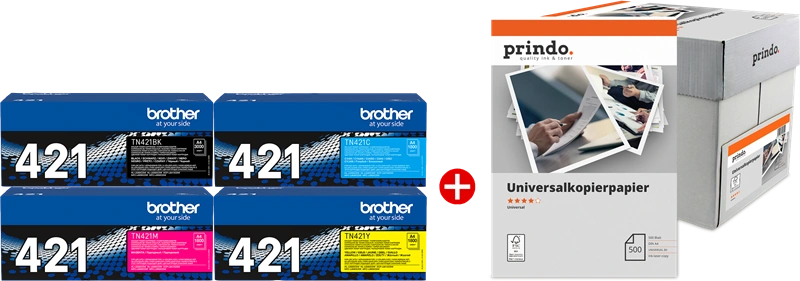 Brother TN-421 MCVP Noir(e) / Cyan / Magenta / Jaune / Blanc Value Pack (+ Prindo Universal Papier 2500 Blatt)