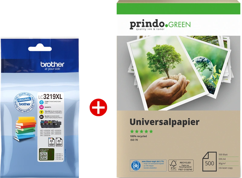 Brother LC3219XL MCVP 01 Noir(e) / Cyan / Magenta / Jaune Value Pack (+ Prindo Green Recyclingpapier 500 Blatt)