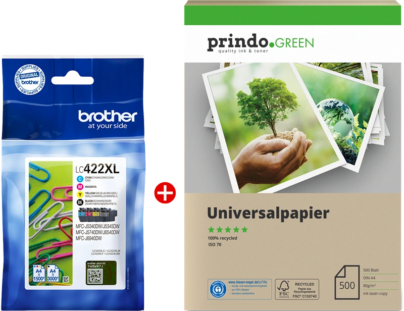 Brother LC422XL MCVP Noir(e) / Cyan / Magenta / Jaune Value Pack (+ Prindo Green Recyclingpapier 500 Blatt)