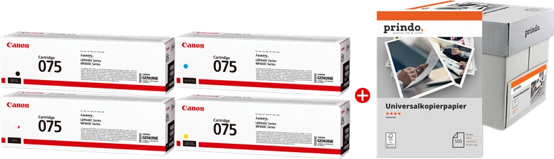 Canon 075 MCVP Noir(e) / Cyan / Magenta / Jaune / Blanc Value Pack (+ Prindo Universal Papier 2500 Blatt)