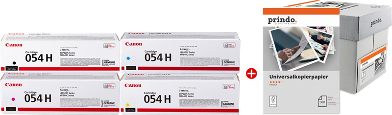 Canon 054H MCVP Noir(e) / Cyan / Magenta / Jaune Value Pack (+ Prindo Universal Papier 2500 Blatt)
