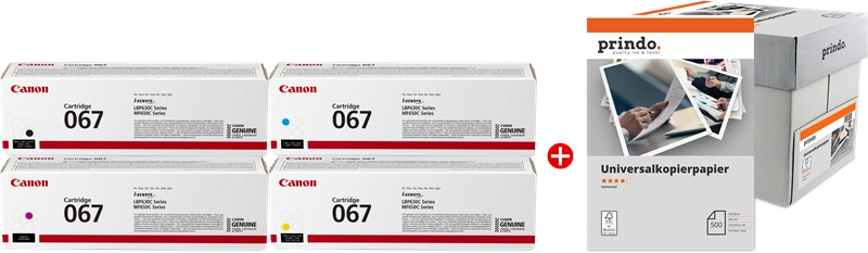 Canon 067 MCVP Noir(e) / Cyan / Magenta / Jaune / Blanc Value Pack (+ Prindo Universal Papier 2500 Blatt)